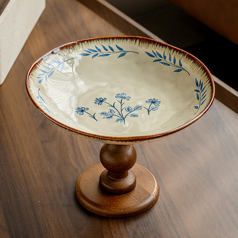 Wooden tall-footed fruit plate and snack plate