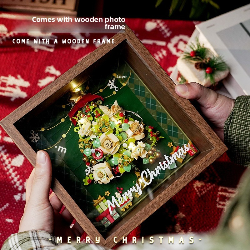 Christmas tree window wooden photo frame building block assembly toy desktop decoration