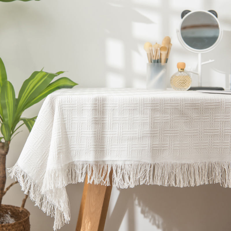 Coffee table cloth with tassels, wear-resistant tablecloth, dust-proof waffle tablecloth, round tablecloth