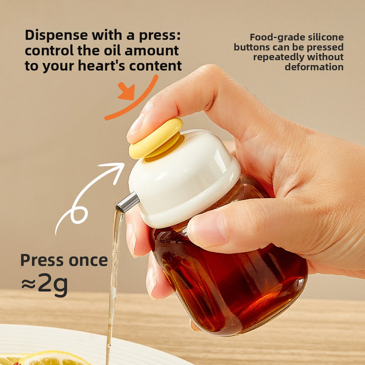 Press-type oil bottle, glass controlled-quantity seasoning bottle