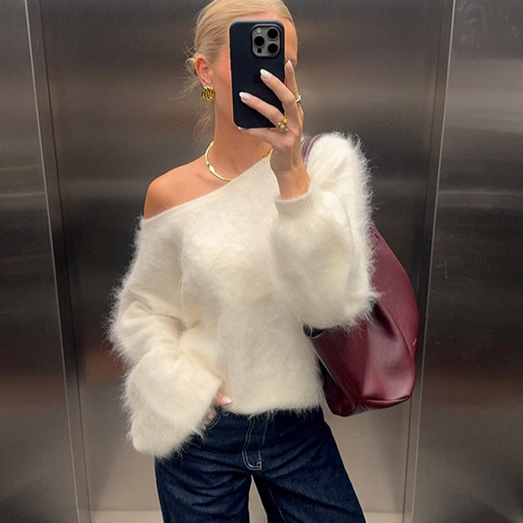 Fluffy Mohair off shoulder Cropped Sweater Oversize Slouchy