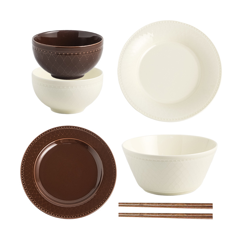 Mid-century style embossed ceramic tableware set, household ceramic underglaze color tableware