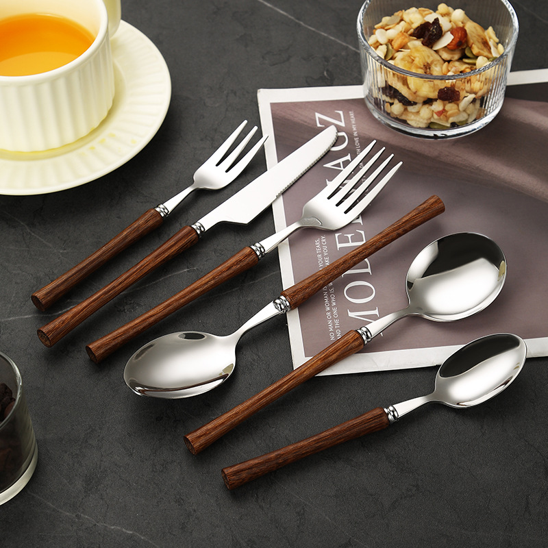 430 stainless steel yellow wenge solid wood handle bright cutlery set with steak knife, fork and spoon