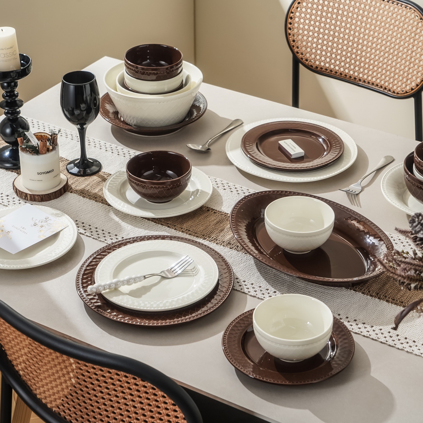 Mid-century style embossed ceramic tableware set, household ceramic underglaze color tableware