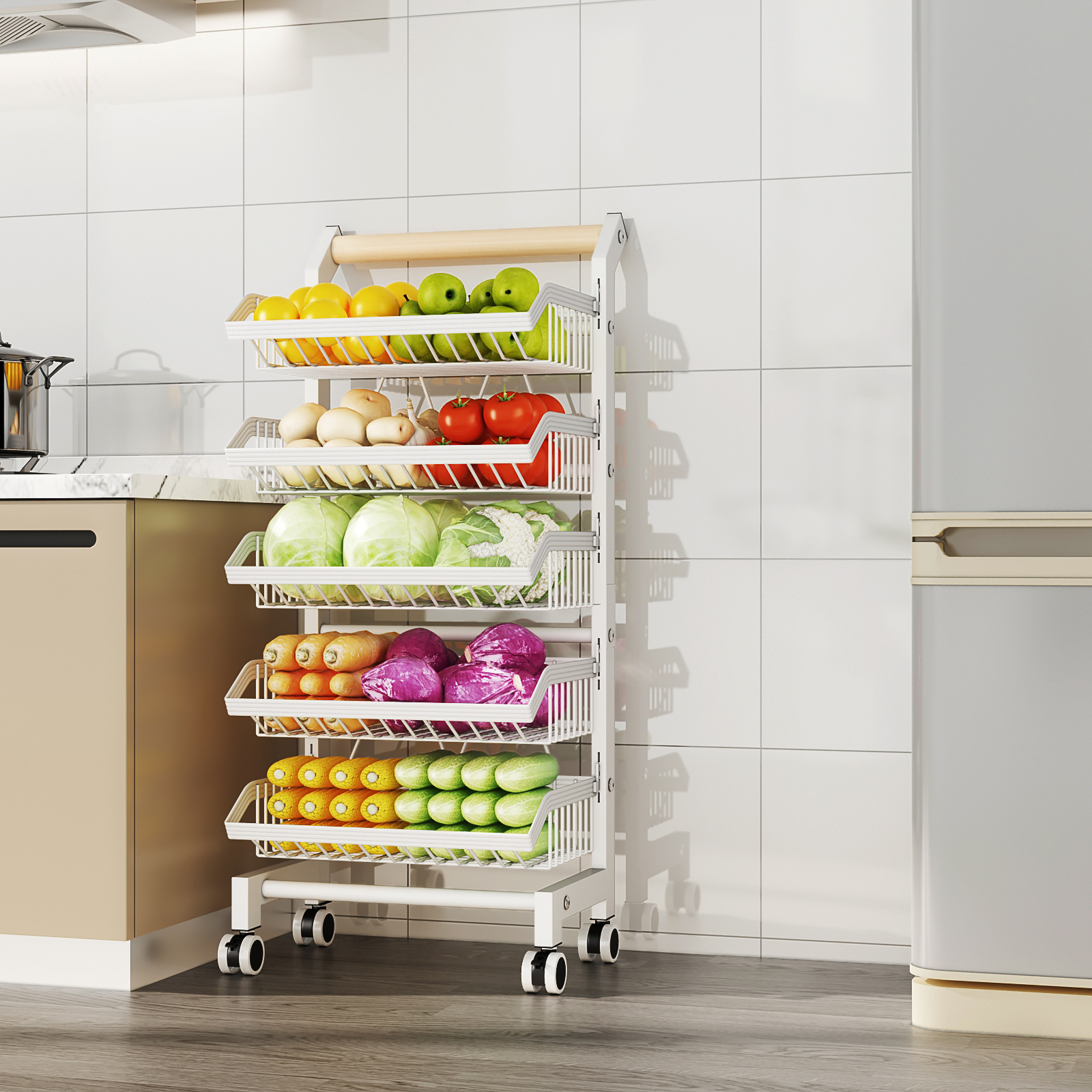 Floor-standing storage rack for kitchen supplies, fruits and vegetables baskets