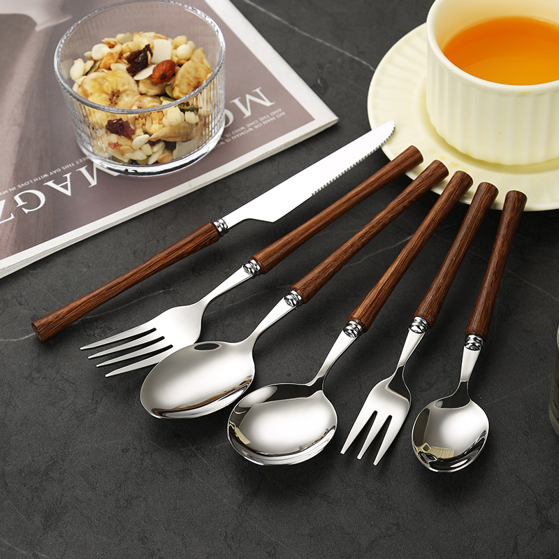 430 stainless steel yellow wenge solid wood handle bright cutlery set with steak knife, fork and spoon