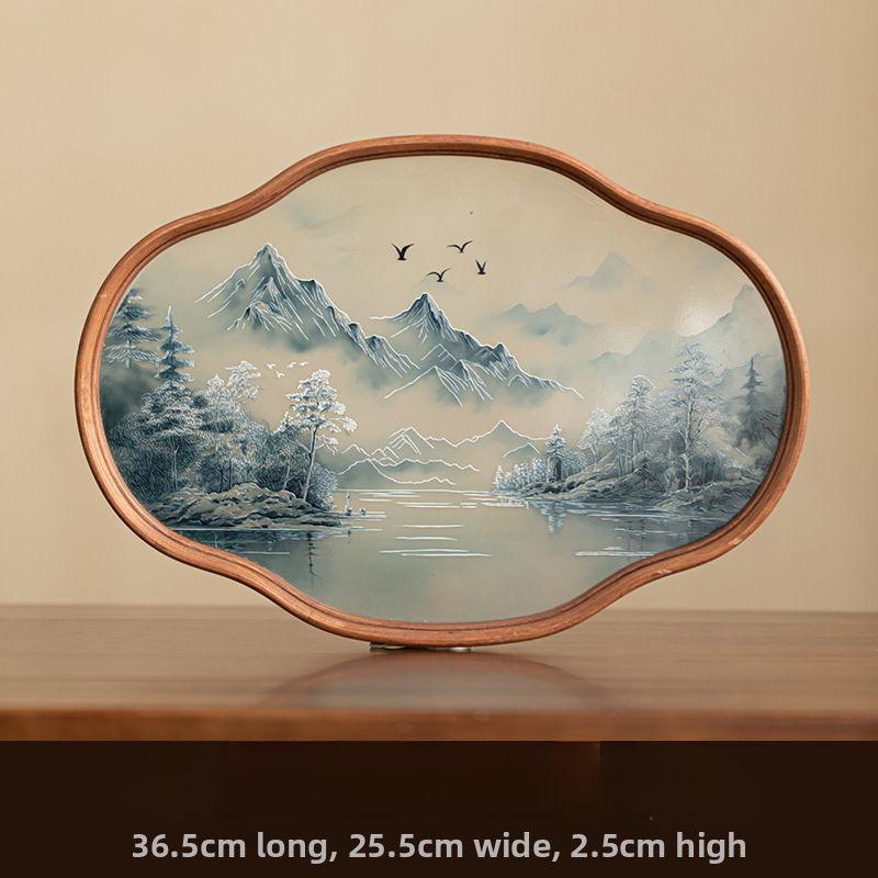 Chinese-style retro landscape ink painting style begonia flower tray