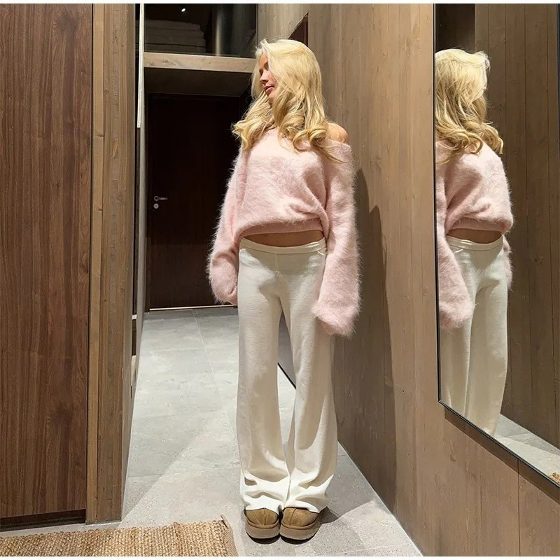 Fluffy Mohair off shoulder Cropped Sweater Oversize Slouchy