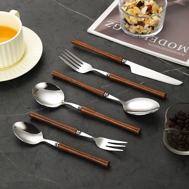 430 stainless steel yellow wenge solid wood handle bright cutlery set with steak knife, fork and spoon