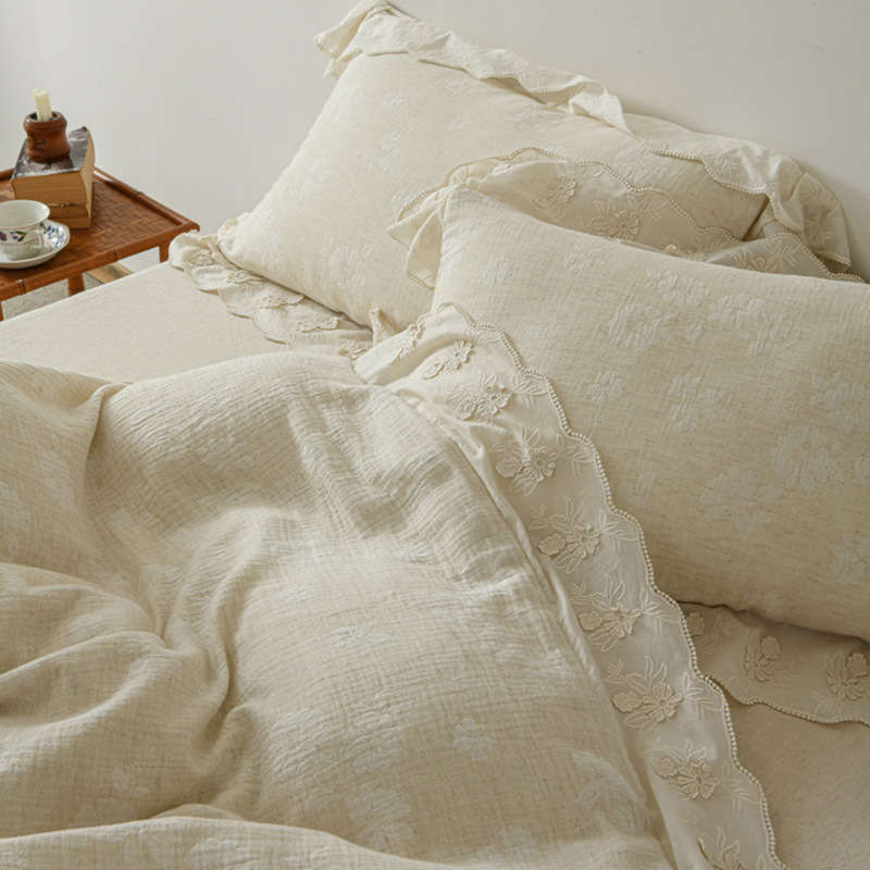 Cotton and linen double-layer yarn jacquard bed sheet,  four-piece set
