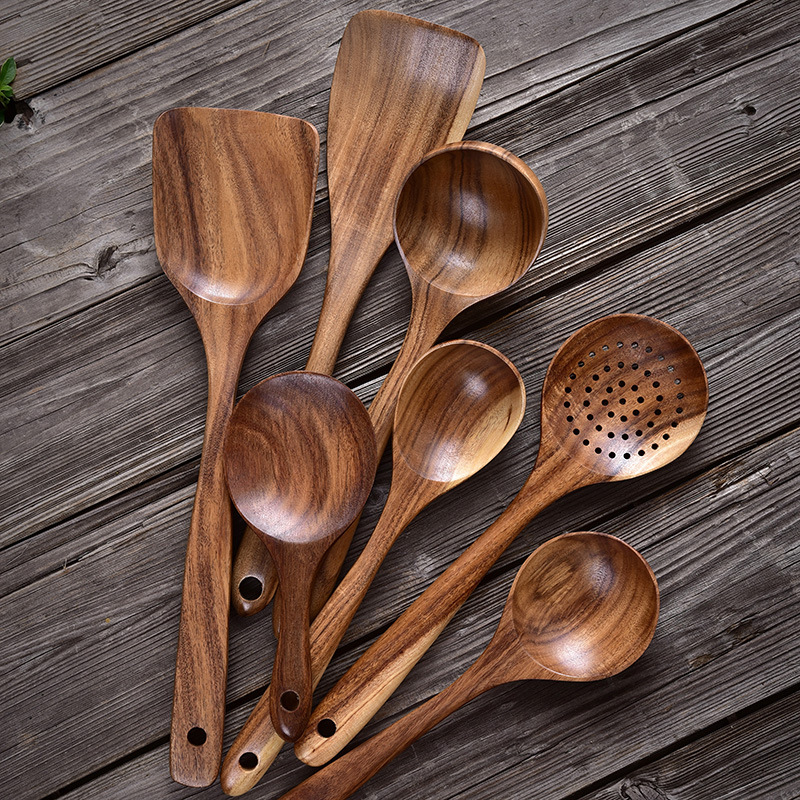 Seven-piece teak cooking spatula and spoon set: long-handled wooden kitchen utensils for non-stick pans