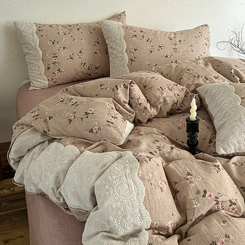 New autumn and winter linen retro all-cotton lace four-piece set