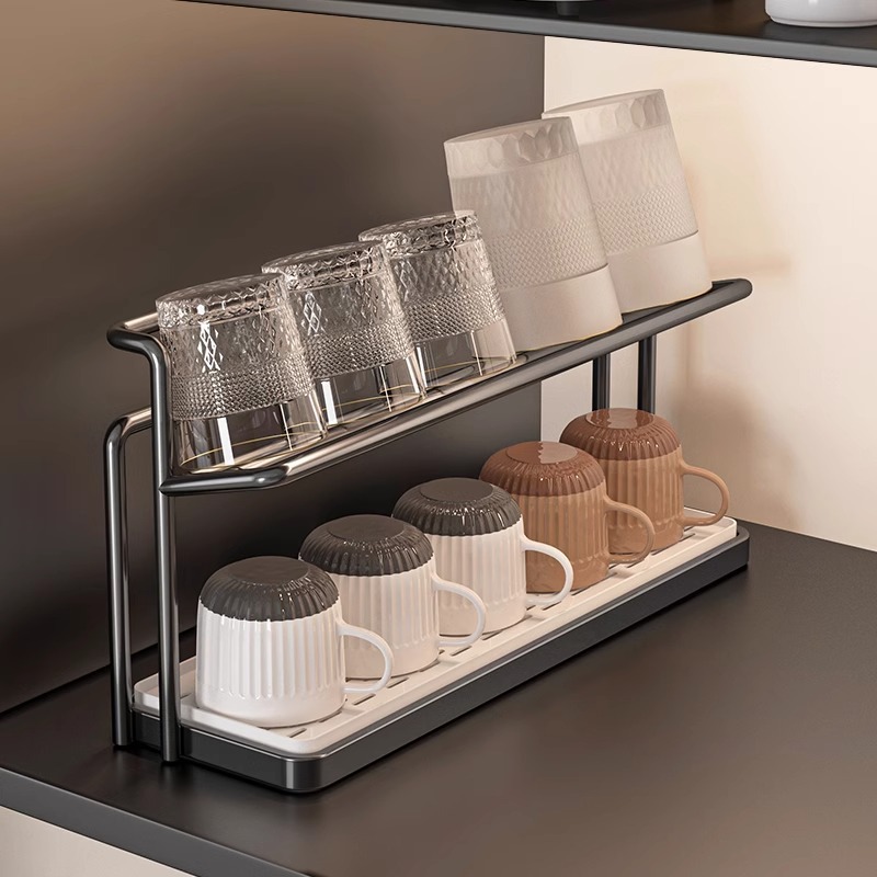 Cup holder storage rack, kitchen dining table countertop double-layer draining tray rack