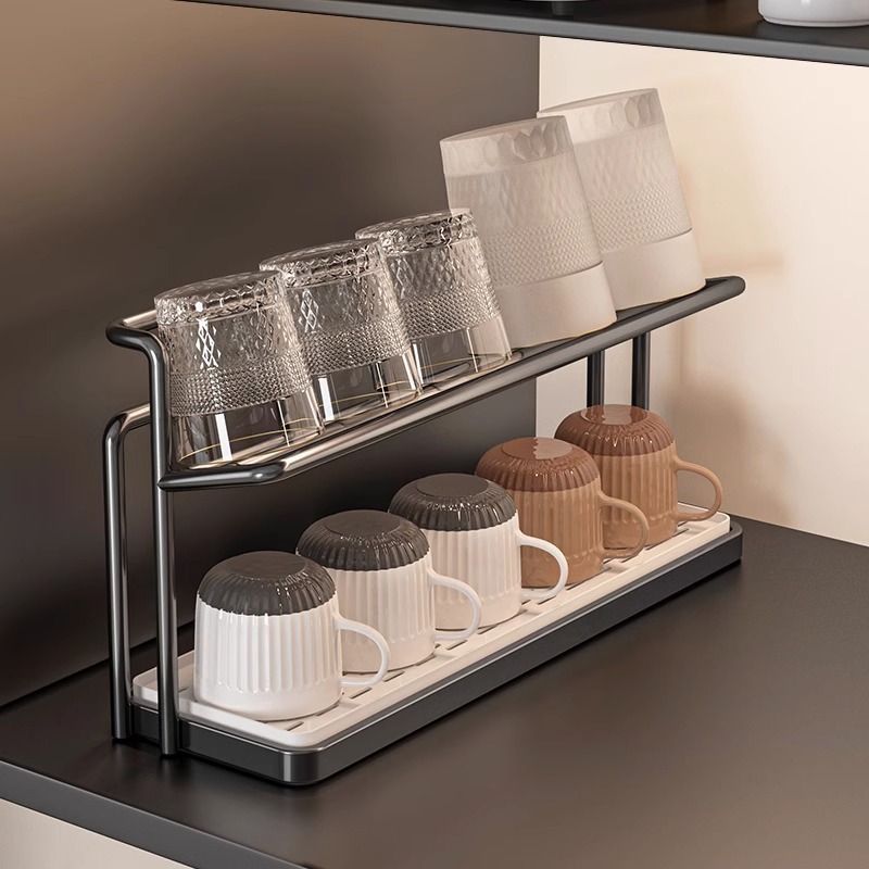 Cup holder storage rack, kitchen dining table countertop double-layer draining tray rack