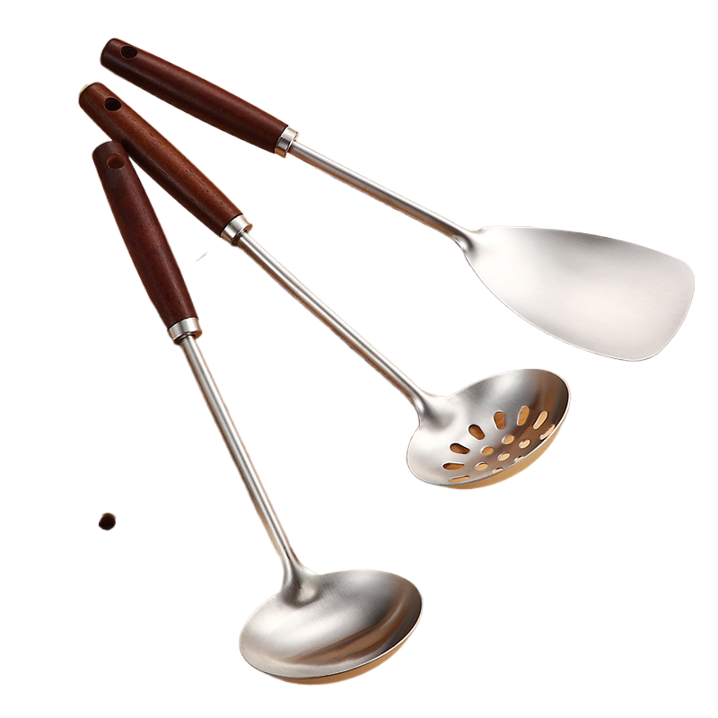 Kitchenware: stainless steel small wok spatula, soup ladle, slotted spoon, wooden handle stir-fry spatula, soup ladle, slotted spoon