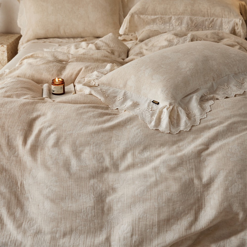 Simple linen-cotton jacquard four-piece set, skin-friendly and breathable quilt cover bedding