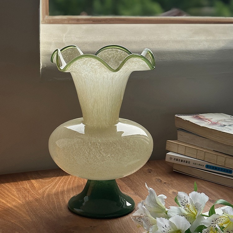 Wabi-sabi style green Fenton glass vase
