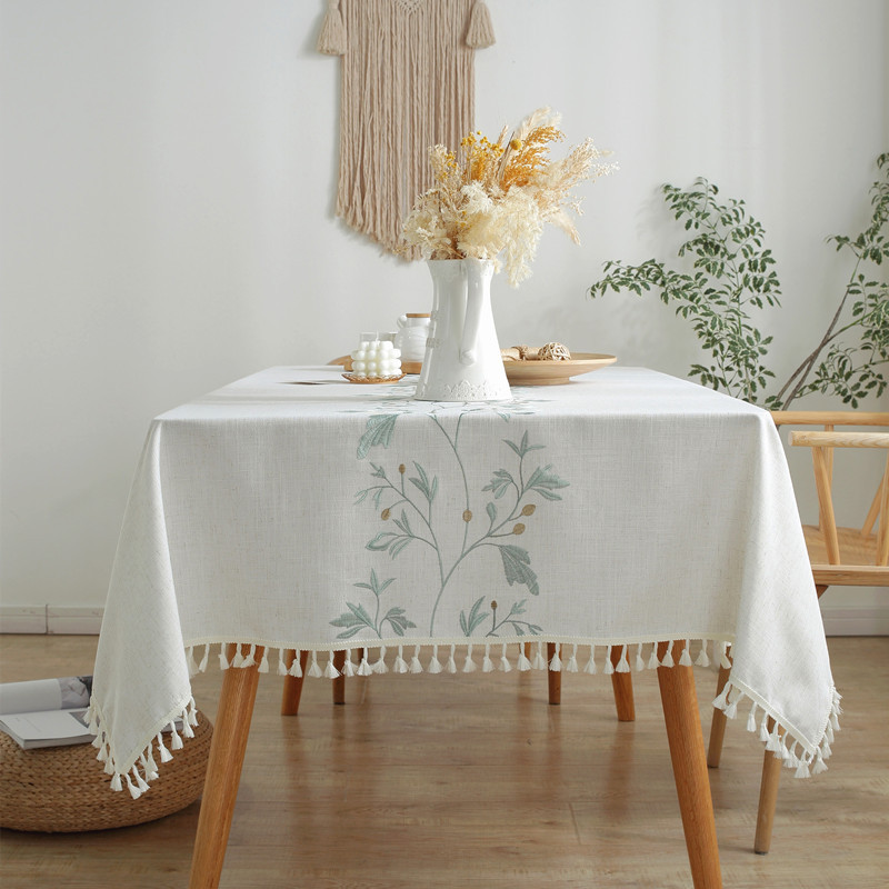 Embroidered checkered flower tassel tablecloth, rectangular coffee table cloth, dining table cloth