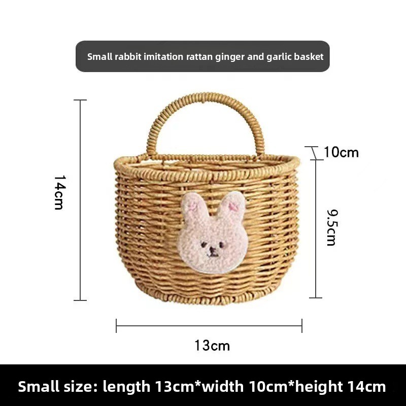 Wall-mounted rattan-like woven basket for storing green onions, ginger, and garlic in the kitchen