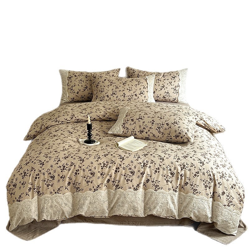 New autumn and winter linen retro all-cotton lace four-piece set