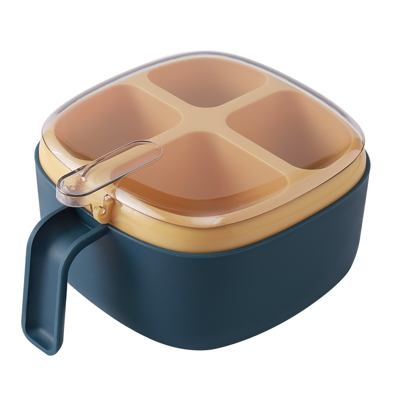 Press-type four-compartment condiment box with transparent lid and spoon