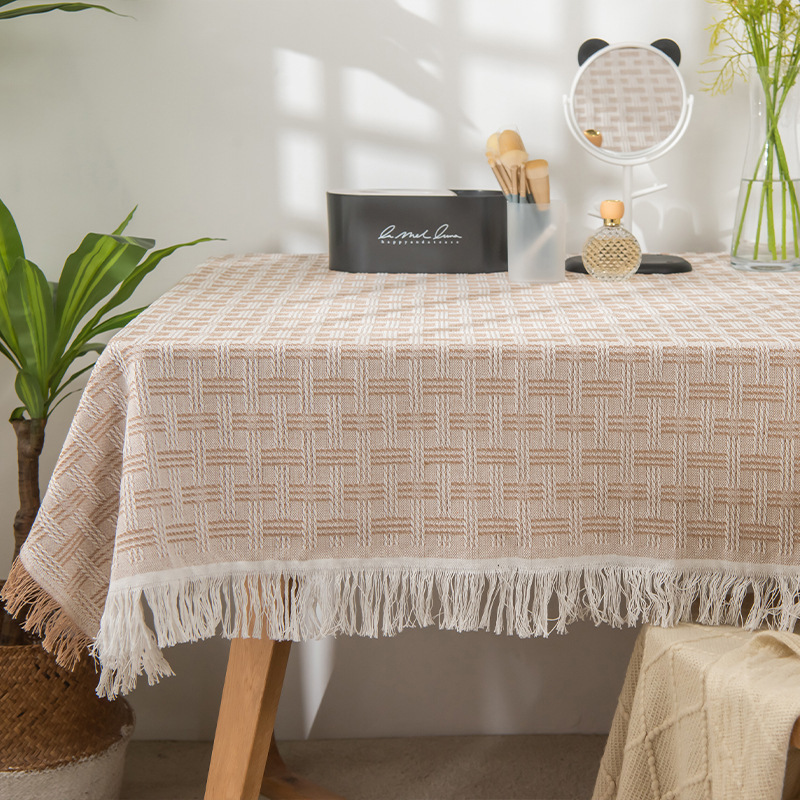 Coffee table cloth with tassels, wear-resistant tablecloth, dust-proof waffle tablecloth, round tablecloth