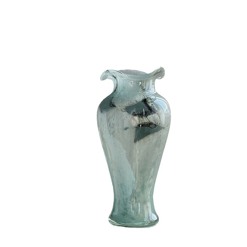 Transparent glass vase with blue patterns