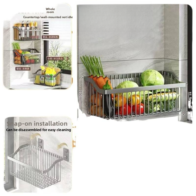 Gunmetal gray kitchen shelf - a hole-free wall-mounted basket for storing green onions, ginger, and garlic