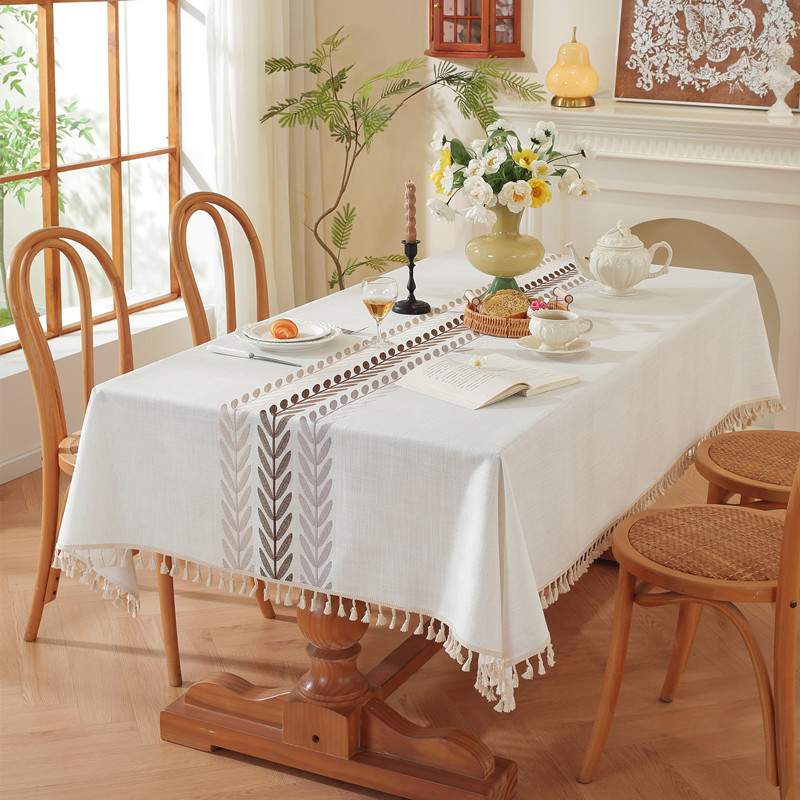 Embroidered checkered flower tassel tablecloth, rectangular coffee table cloth, dining table cloth