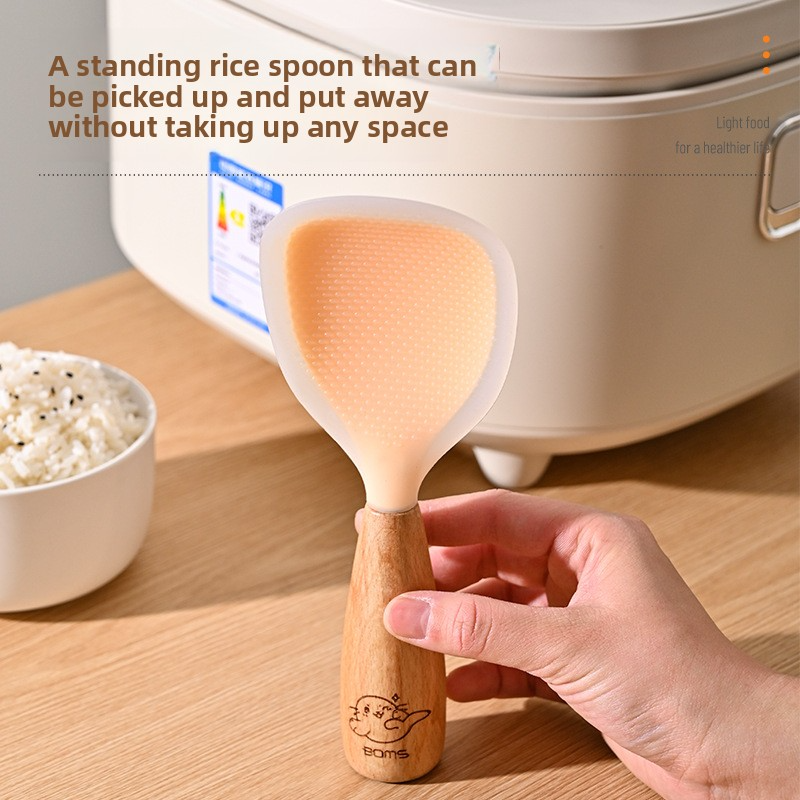 Food-grade silicone wooden handle rice spoon, non-stick rice cooker