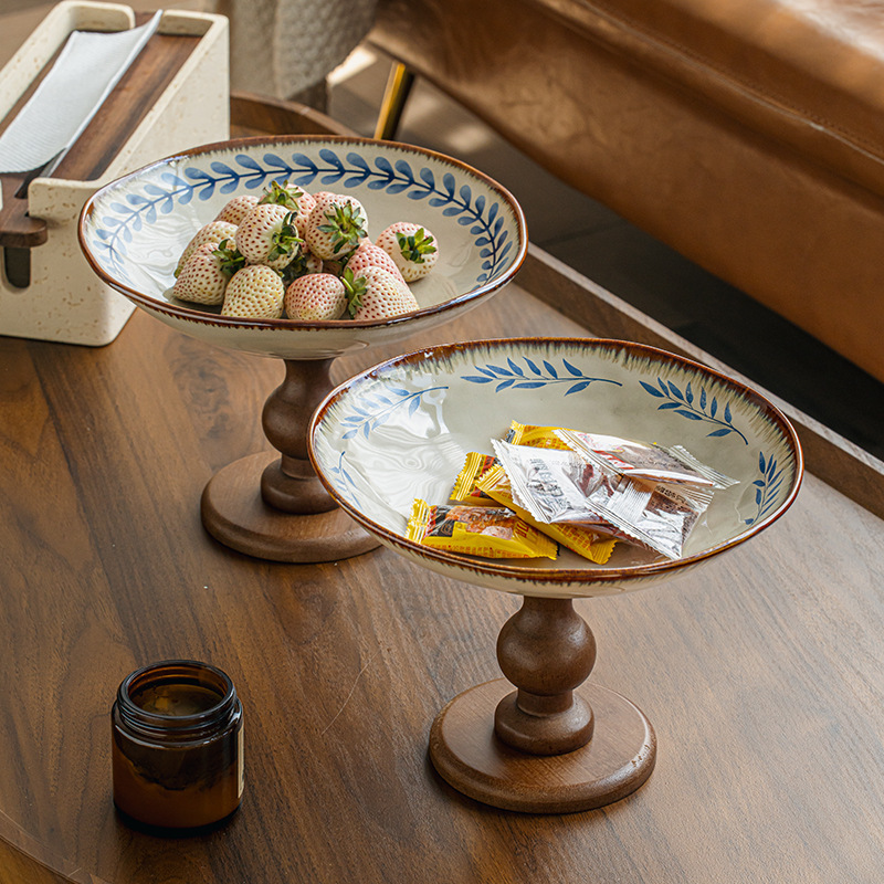 Wooden tall-footed fruit plate and snack plate