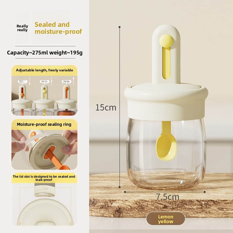 Telescopic condiment jar with integrated spoon and lid, condiment bottle