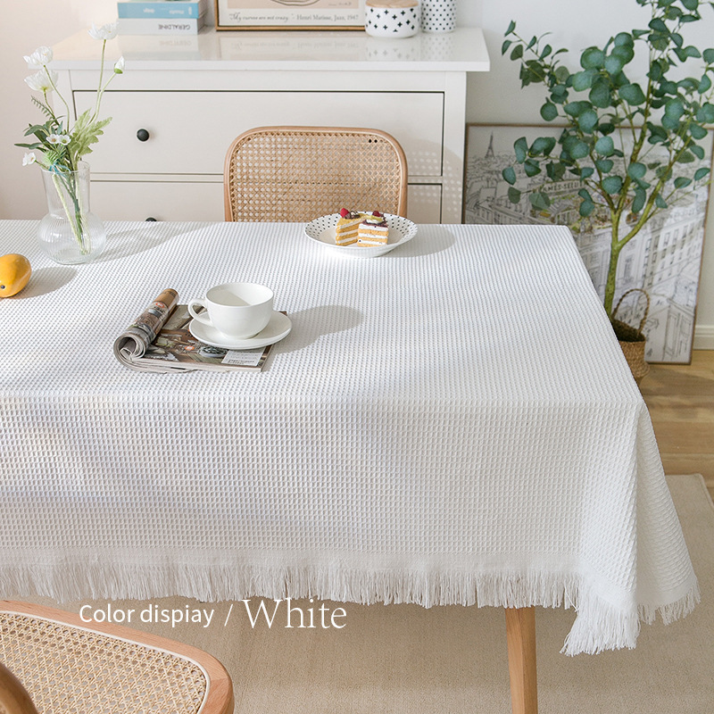 Coffee table cloth with tassels, wear-resistant tablecloth, dust-proof waffle tablecloth, round tablecloth