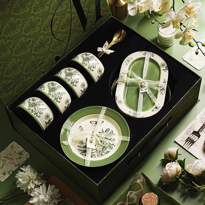 Dark Green Ceramic Bowl and Plate Set Gift Box