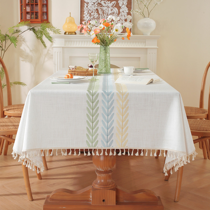 Embroidered checkered flower tassel tablecloth, rectangular coffee table cloth, dining table cloth