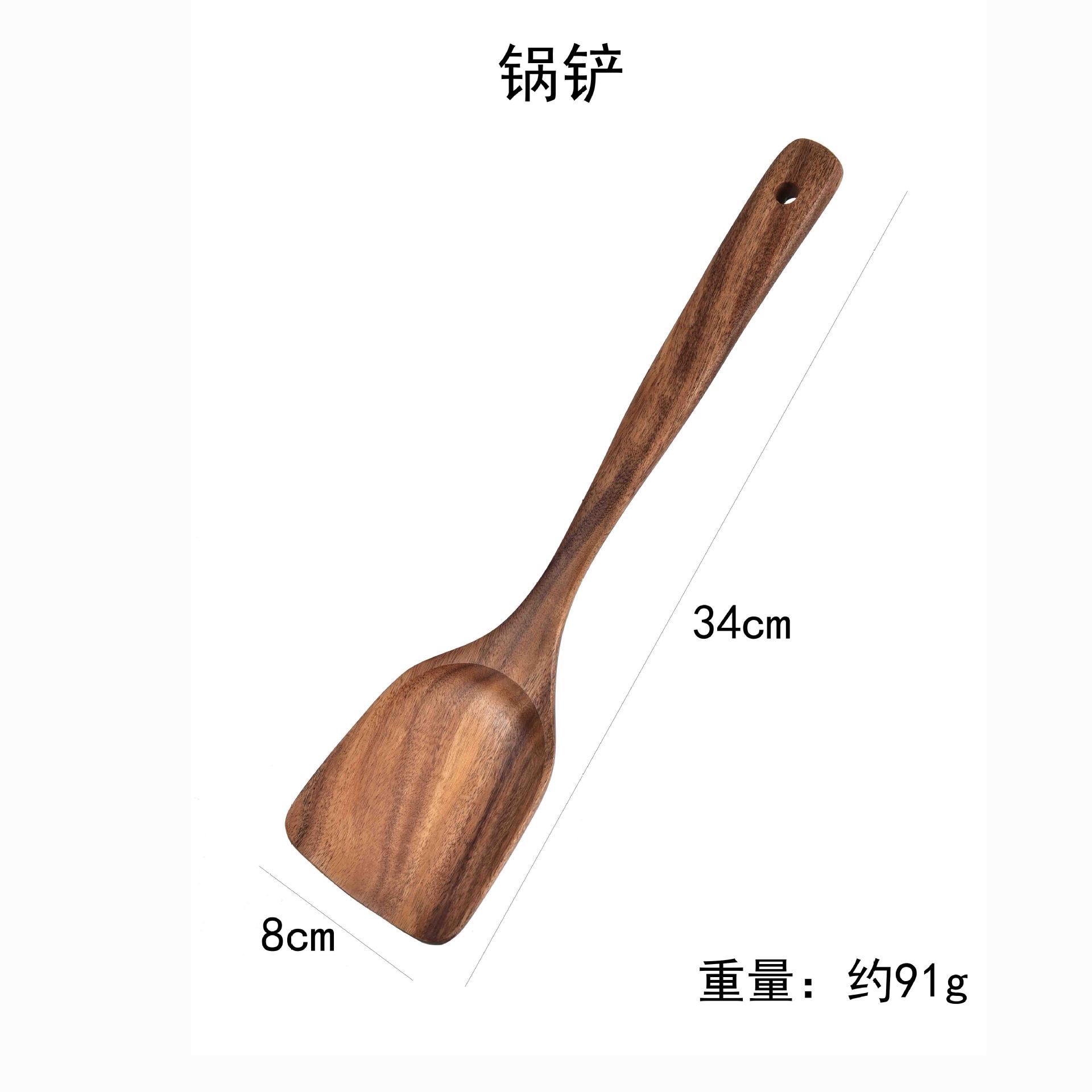 Seven-piece teak cooking spatula and spoon set: long-handled wooden kitchen utensils for non-stick pans