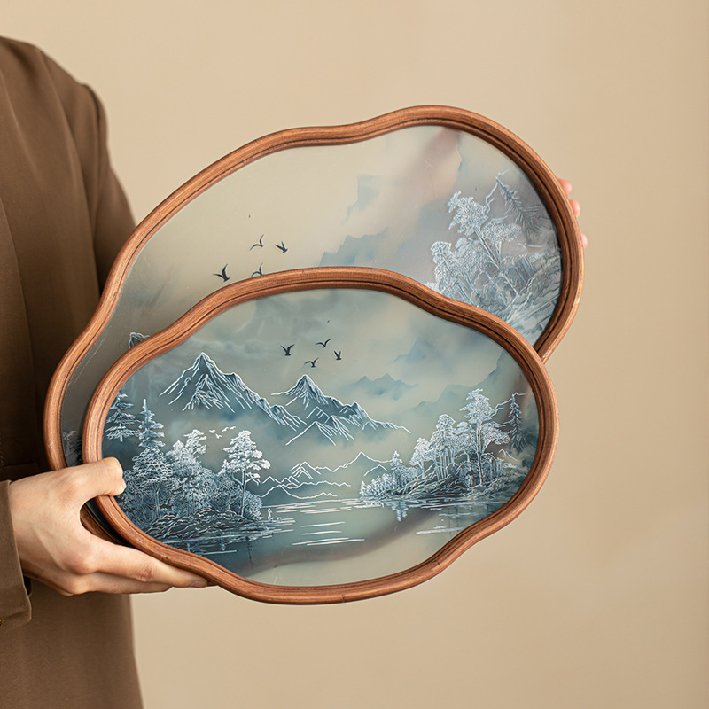 Chinese-style retro landscape ink painting style begonia flower tray