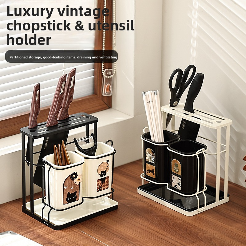 Multifunctional Countertop Chopsticks and Knife Integrated Storage and Drainage Rack