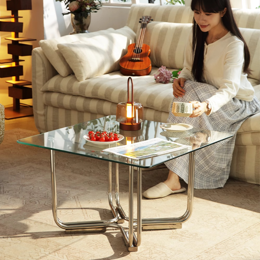 Mid-century stainless steel glass coffee table