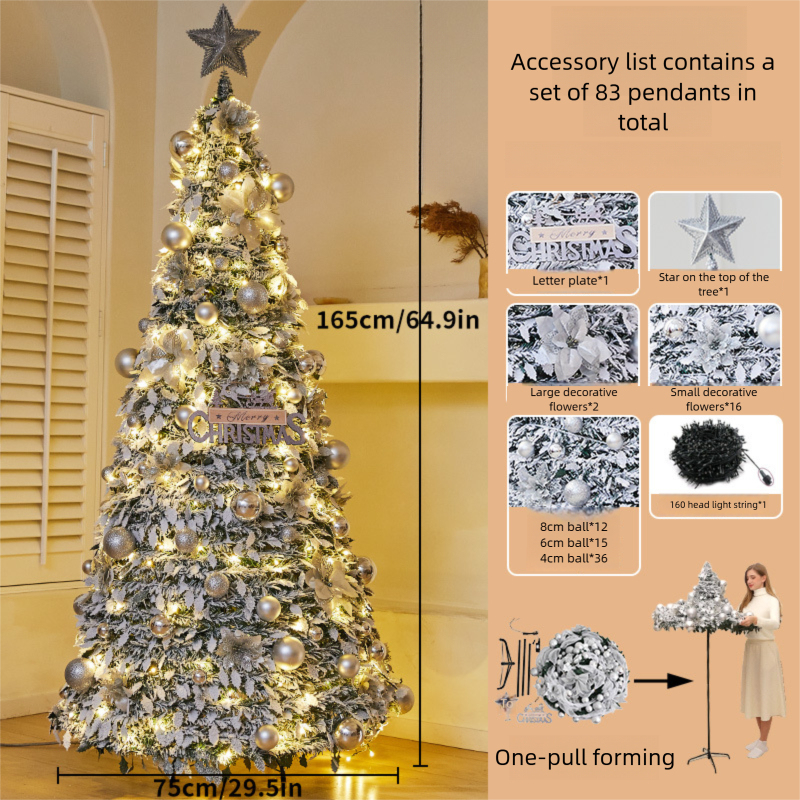 Cross-Border New Foldable Christmas Tree Flocked PVC 2.01m Dense Christmas Home Telescopic Decorative Tree