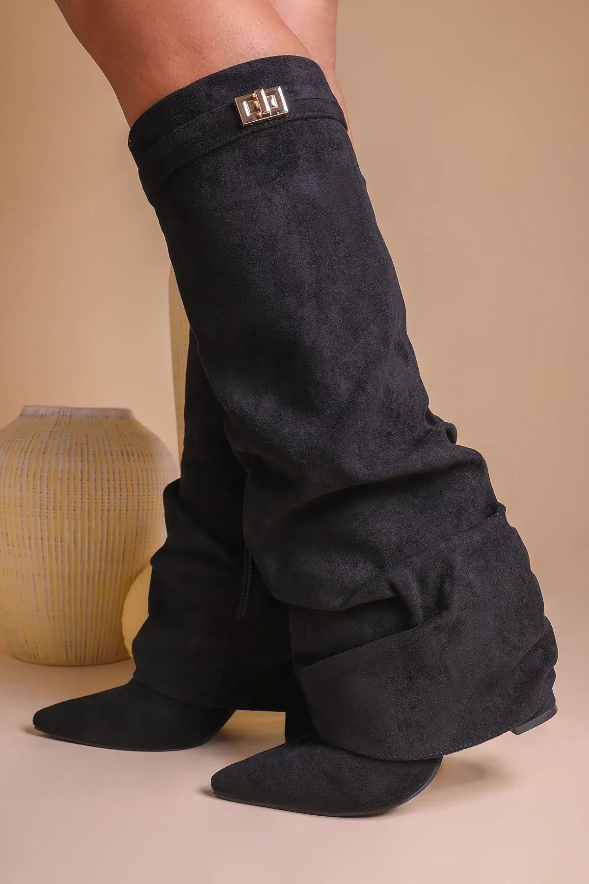 Taupe Faux Suede Slouchy Fold Over Shark Boots