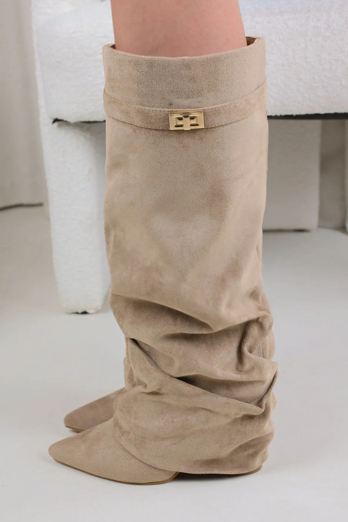 Taupe Faux Suede Slouchy Fold Over Shark Boots