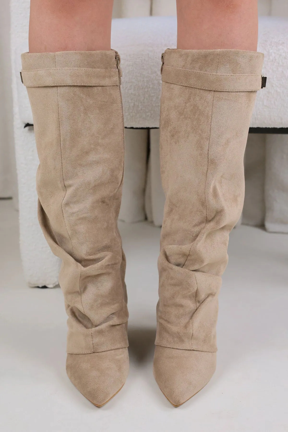 Taupe Faux Suede Slouchy Fold Over Shark Boots
