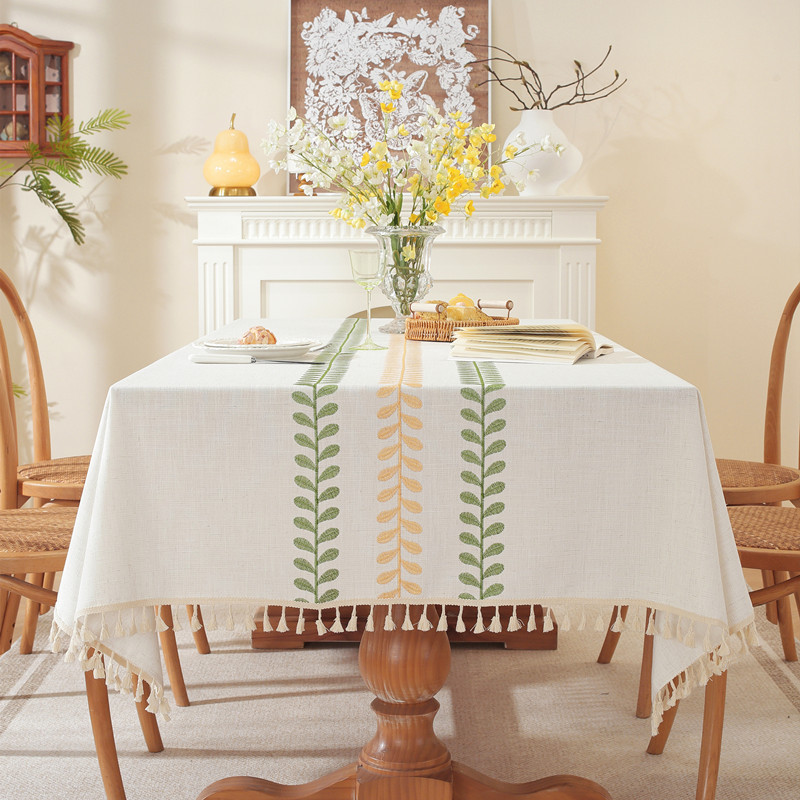 Embroidered checkered flower tassel tablecloth, rectangular coffee table cloth, dining table cloth