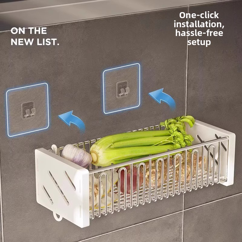Wall-mounted seasoning rack for ginger, onion and garlic in the kitchen