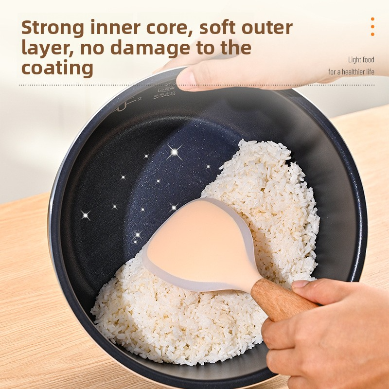 Food-grade silicone wooden handle rice spoon, non-stick rice cooker
