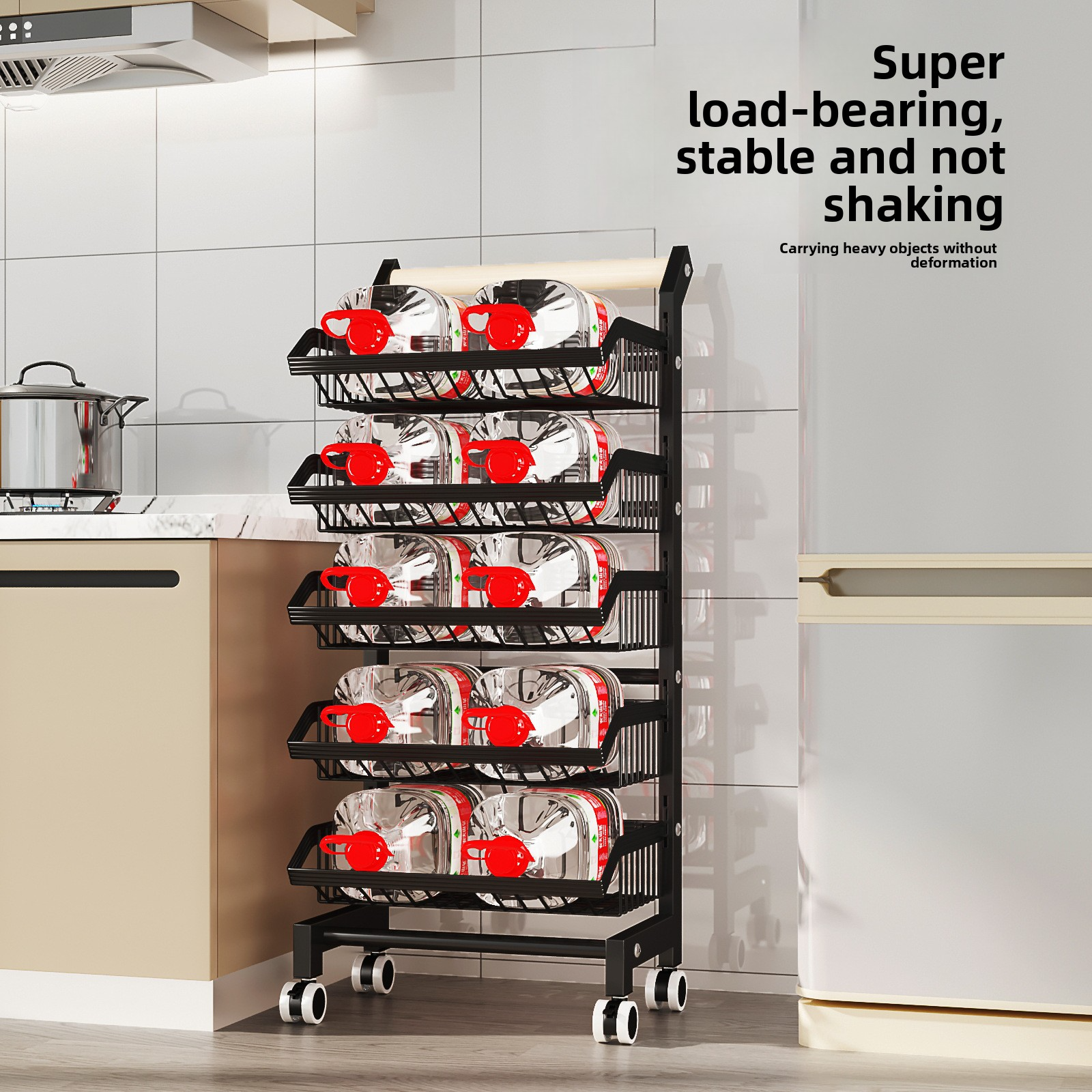 Floor-standing storage rack for kitchen supplies, fruits and vegetables baskets