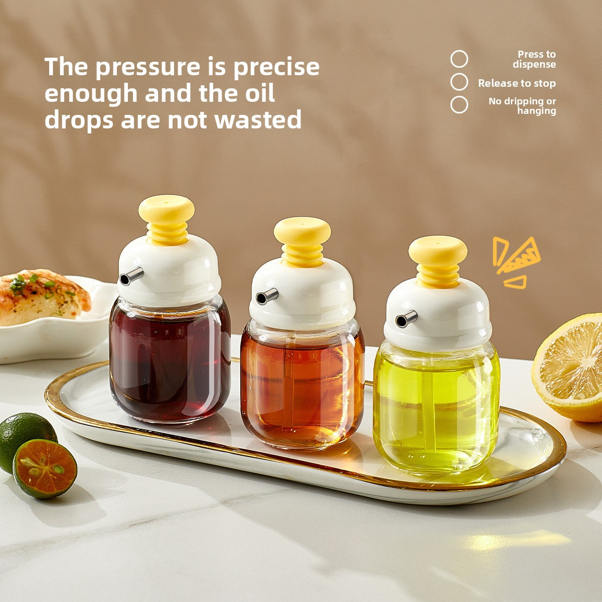 Press-type oil bottle, glass controlled-quantity seasoning bottle