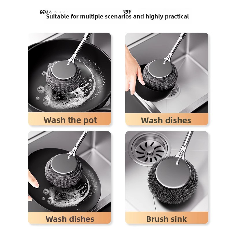Stainless steel pot brush, long-handled pot cleaning brush specially for kitchen use