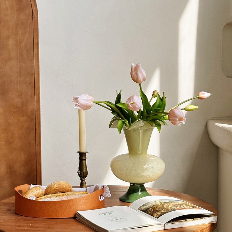 Wabi-sabi style green Fenton glass vase